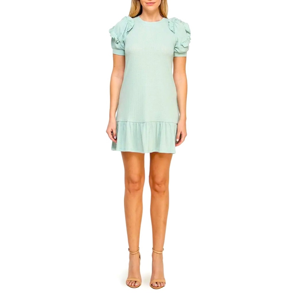 Good Luck Gem Ruffled Sleeve Pointelle Knit Mini Dress (Perfect Condition)